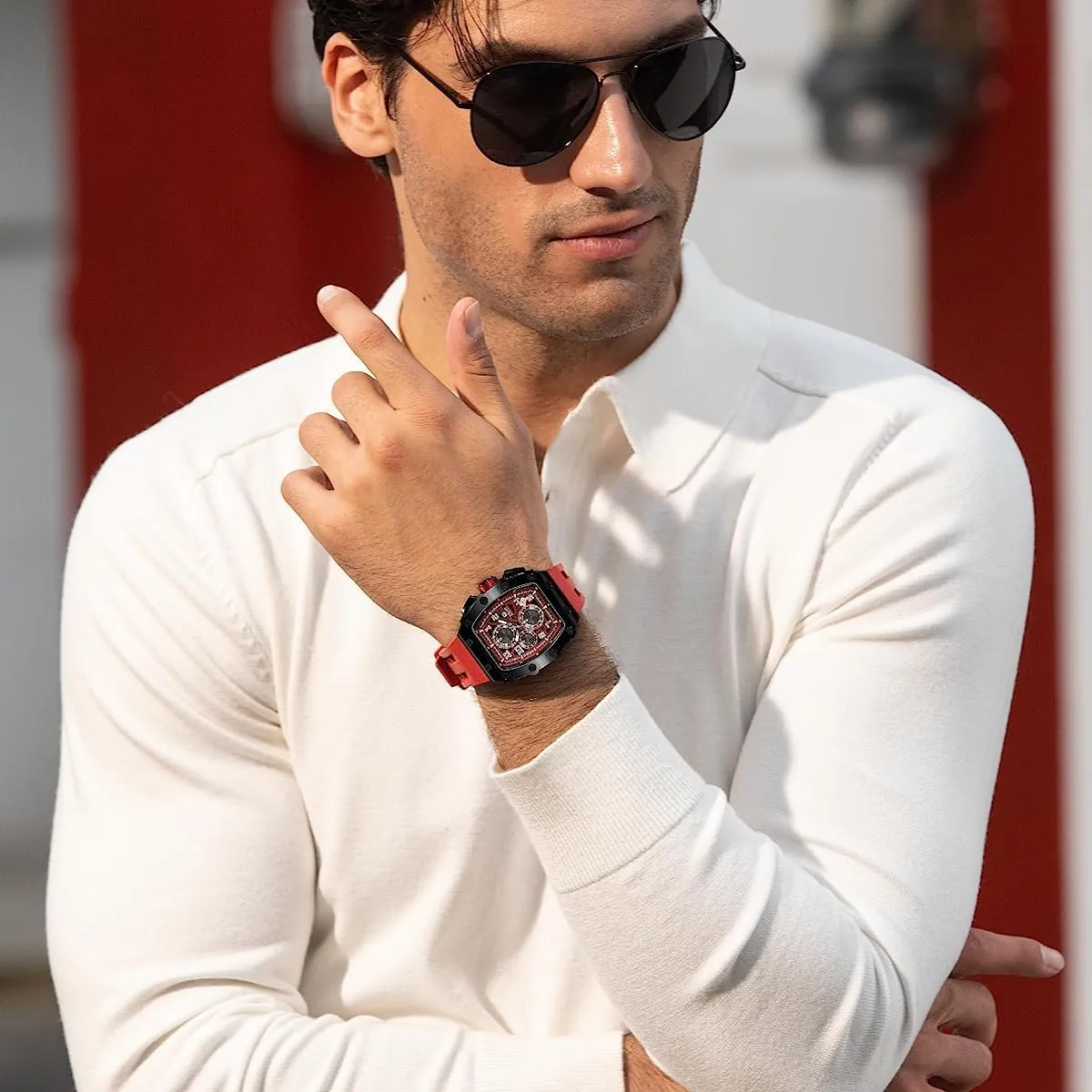 Tonneau Mens Luxury Watch 50M Waterproof Luminous Date Chronograph Wrist Watch with Japanese Quartz Movement Sapphire Crystal Silicone Strap Fashion Sport Watches Gift for Men