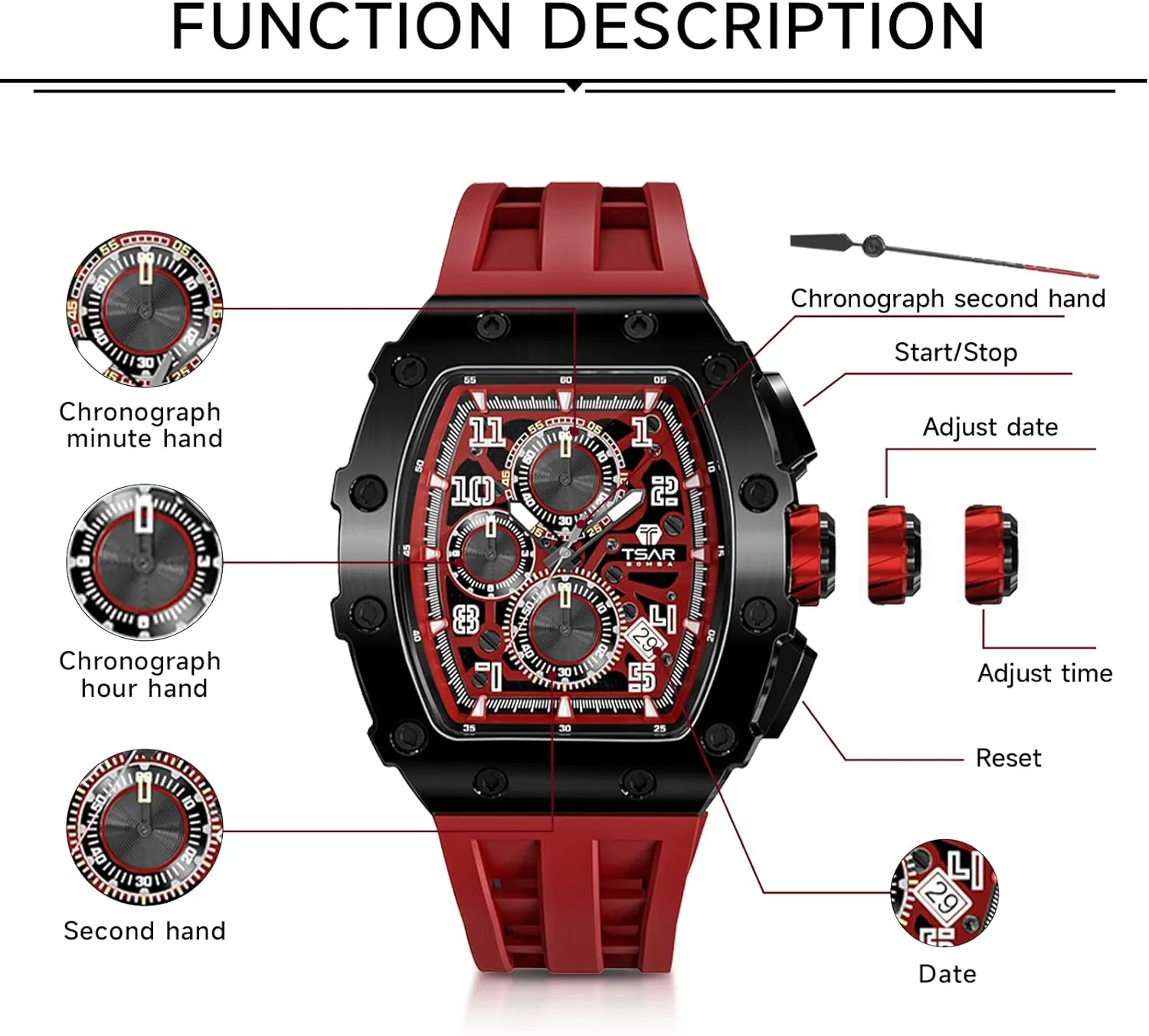 Tonneau Mens Luxury Watch 50M Waterproof Luminous Date Chronograph Wrist Watch with Japanese Quartz Movement Sapphire Crystal Silicone Strap Fashion Sport Watches Gift for Men
