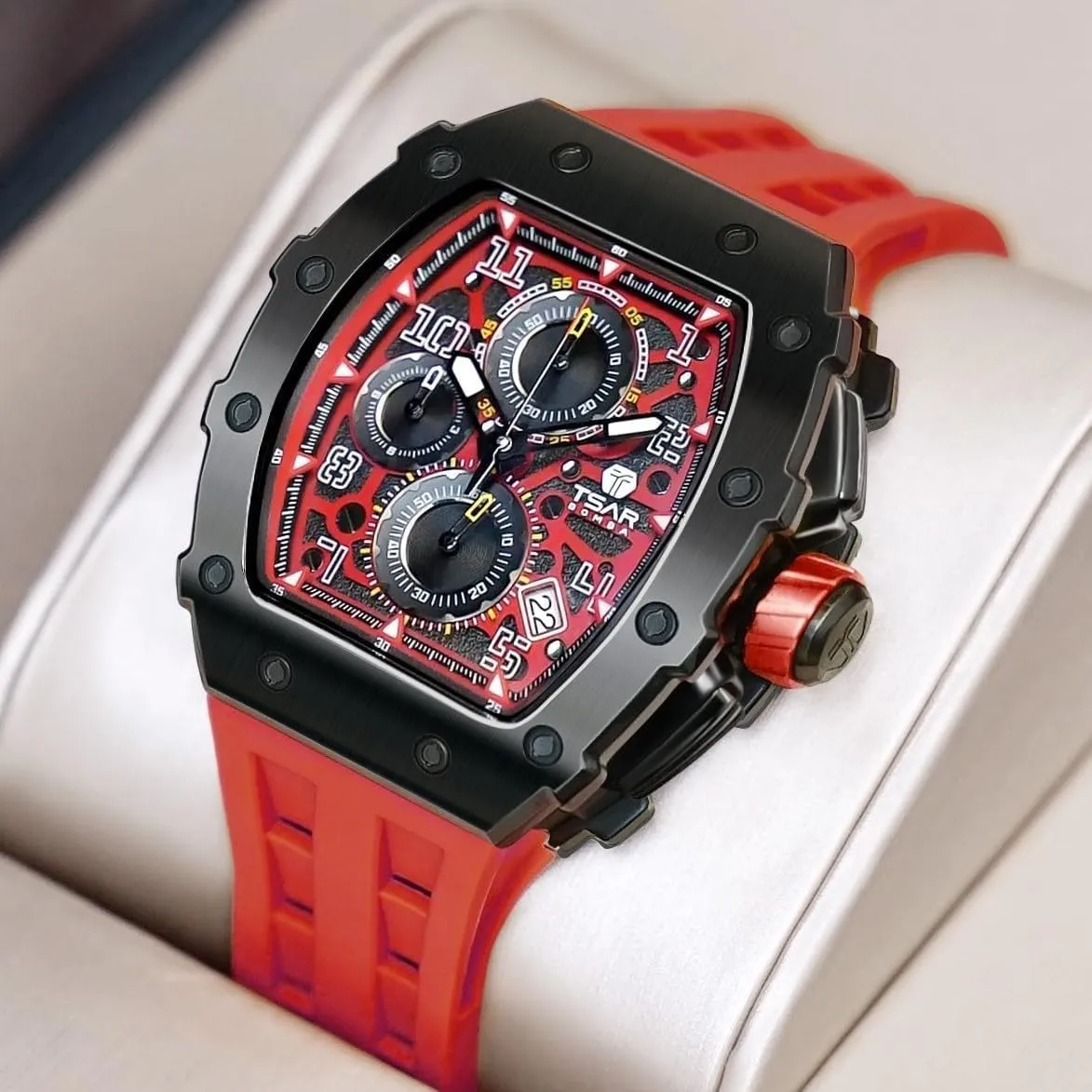 Tonneau Mens Luxury Watch 50M Waterproof Luminous Date Chronograph Wrist Watch with Japanese Quartz Movement Sapphire Crystal Silicone Strap Fashion Sport Watches Gift for Men