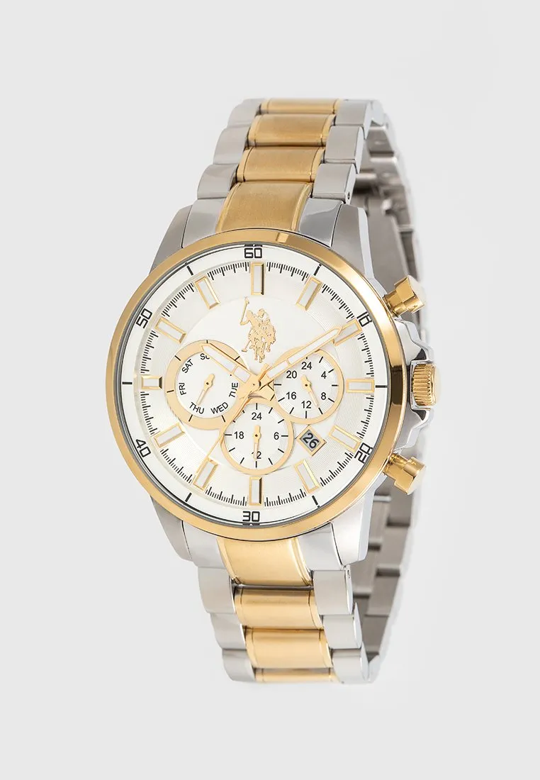 US POLO ASSN. MEN'S RHODIUM & GOLD PLATED STAINLESS STEEL BAND WITH S.S.BUCKLE