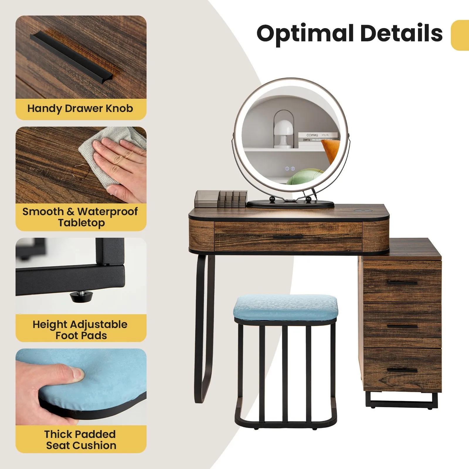 Vanity Table and Stool Set with 3-Color Touch Screen Lighted Swivel Mirror-Brown