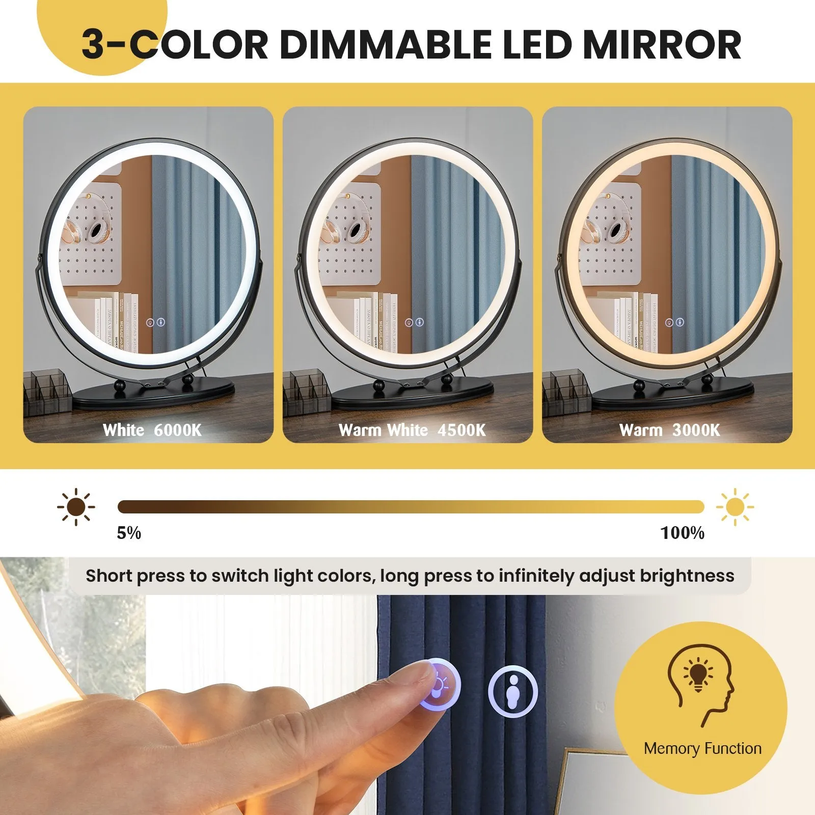 Vanity Table and Stool Set with 3-Color Touch Screen Lighted Swivel Mirror-Brown