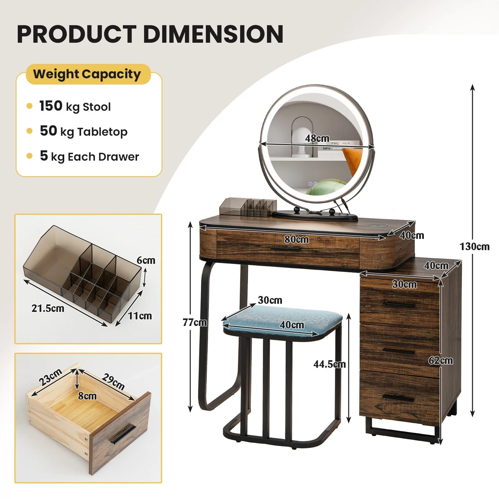 Vanity Table and Stool Set with 3-Color Touch Screen Lighted Swivel Mirror-Brown