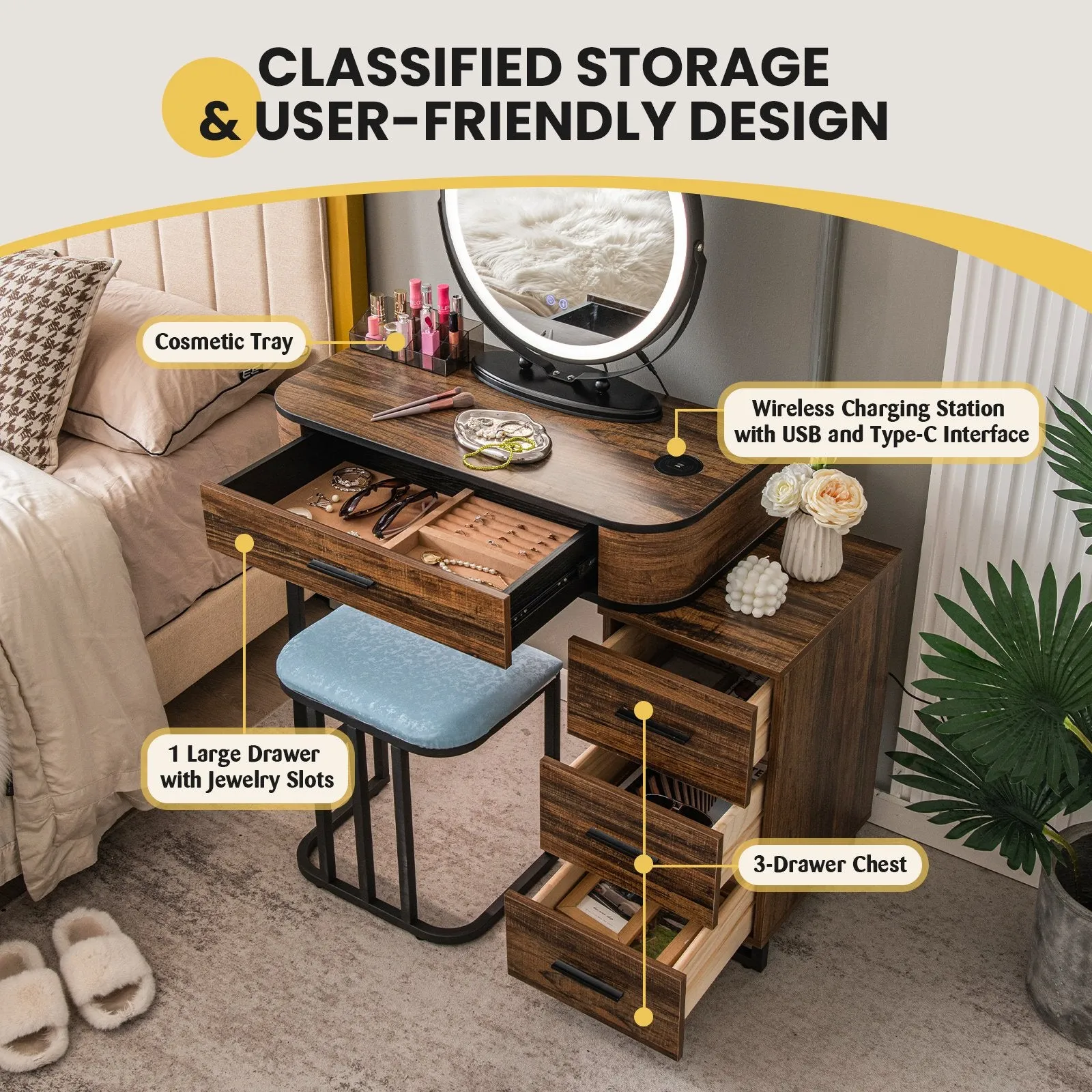 Vanity Table and Stool Set with 3-Color Touch Screen Lighted Swivel Mirror-Brown