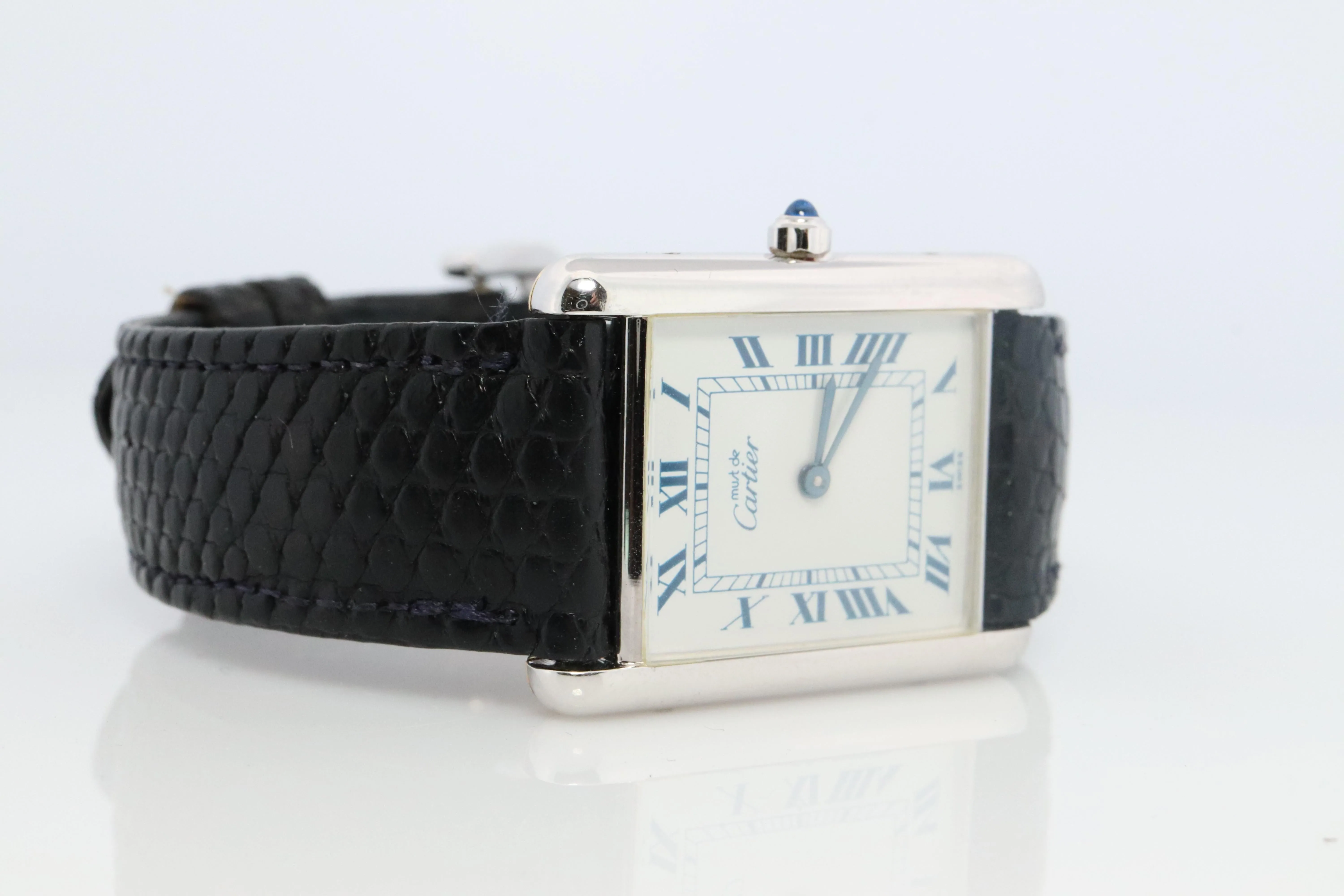 Vintage Must de Cartier Tank Watch. 925 Vermeil ARGENT White Blue Dial Tank