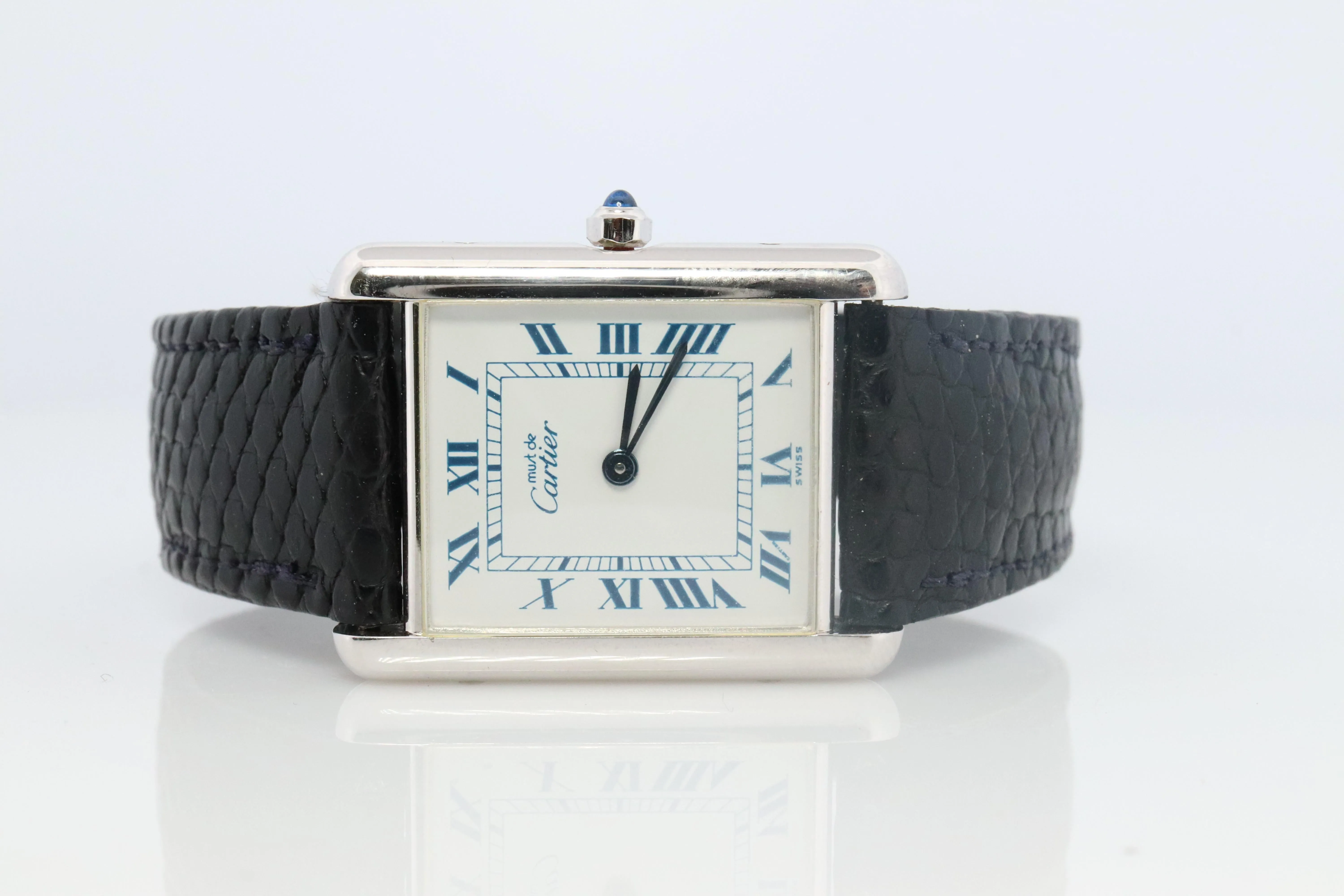 Vintage Must de Cartier Tank Watch. 925 Vermeil ARGENT White Blue Dial Tank