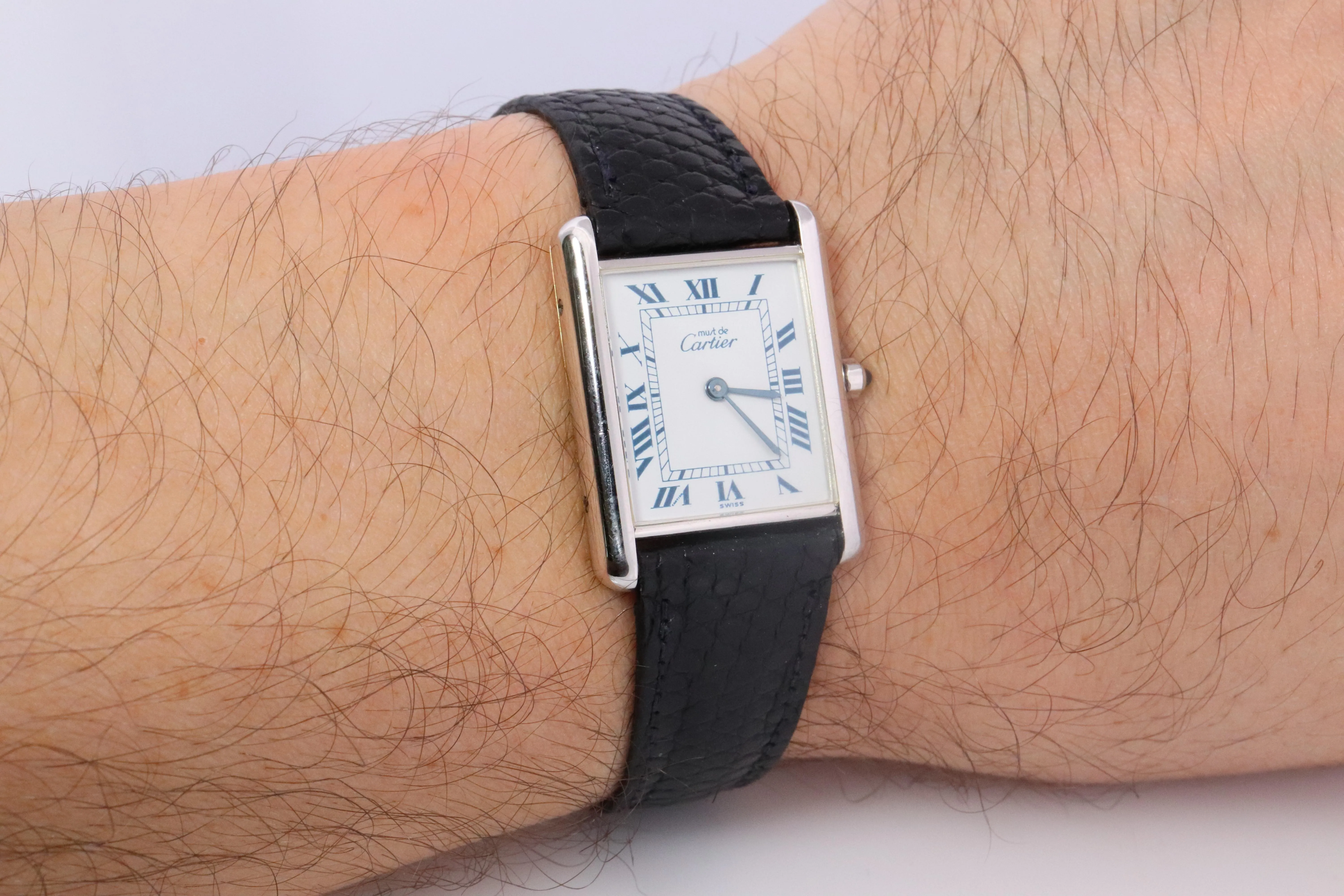 Vintage Must de Cartier Tank Watch. 925 Vermeil ARGENT White Blue Dial Tank