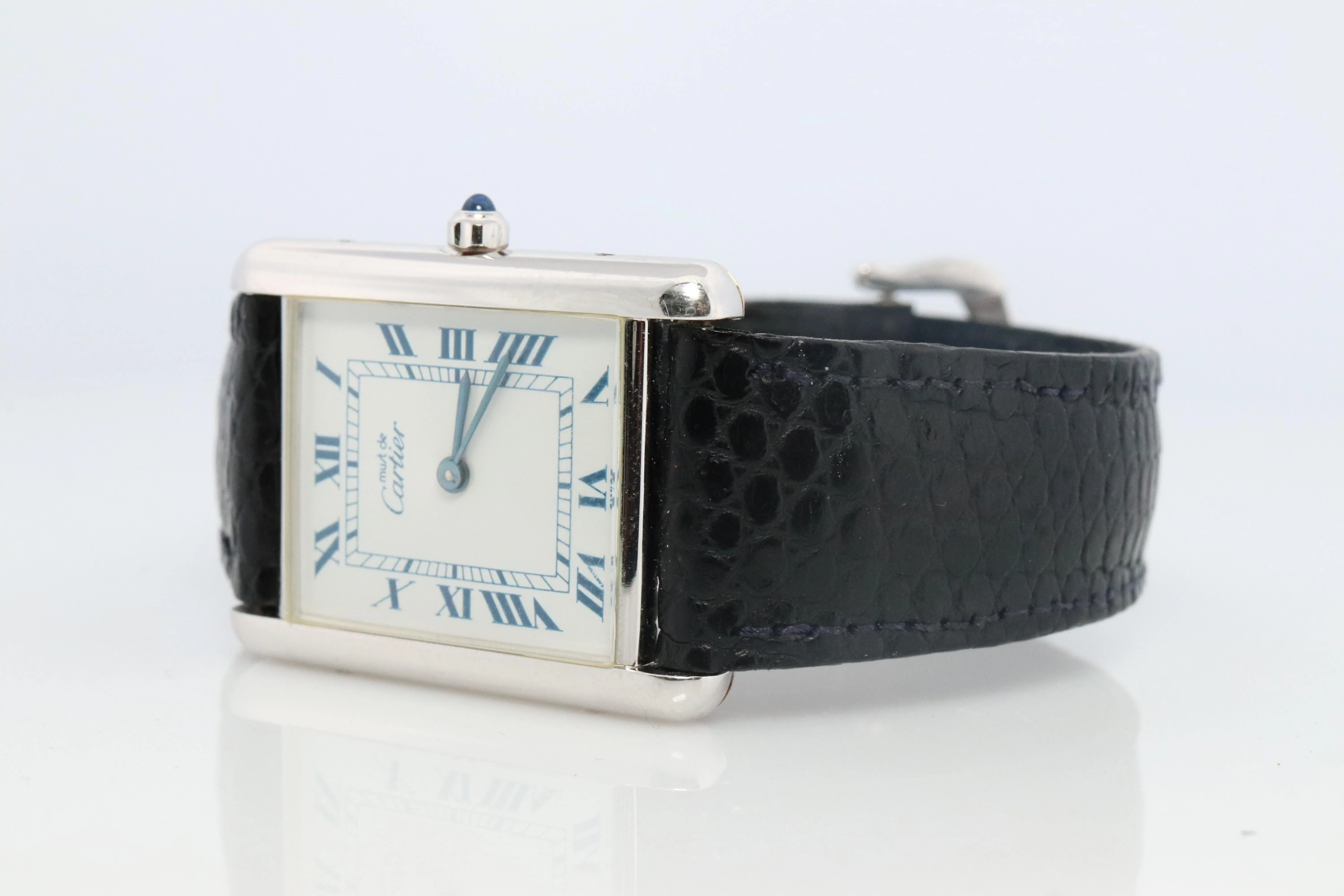 Vintage Must de Cartier Tank Watch. 925 Vermeil ARGENT White Blue Dial Tank