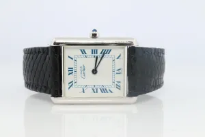 Vintage Must de Cartier Tank Watch. 925 Vermeil ARGENT White Blue Dial Tank