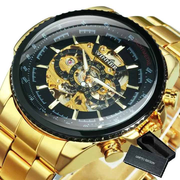WINNER Brand Luxury Design Skeleton Watch Men Automatic Mechanical Watches Gold Steel Strap Classic Dress Military Wrist Watches