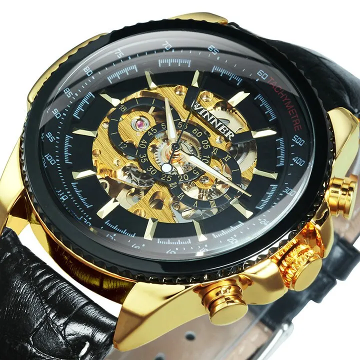 WINNER Brand Luxury Design Skeleton Watch Men Automatic Mechanical Watches Gold Steel Strap Classic Dress Military Wrist Watches