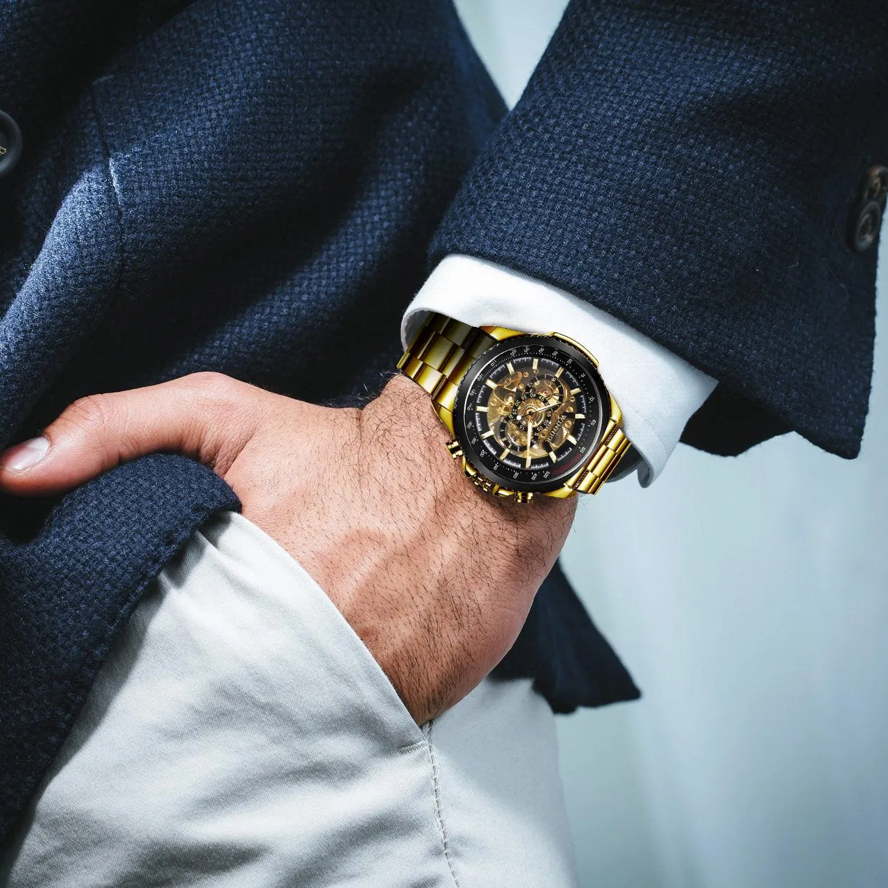 WINNER Brand Luxury Design Skeleton Watch Men Automatic Mechanical Watches Gold Steel Strap Classic Dress Military Wrist Watches