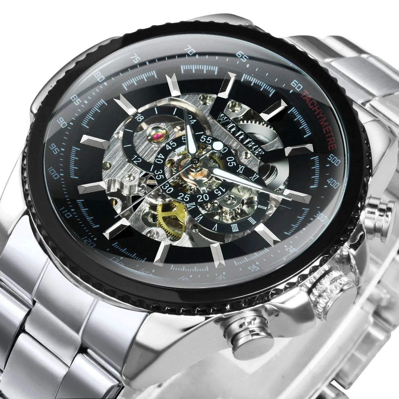 WINNER Brand Luxury Design Skeleton Watch Men Automatic Mechanical Watches Gold Steel Strap Classic Dress Military Wrist Watches