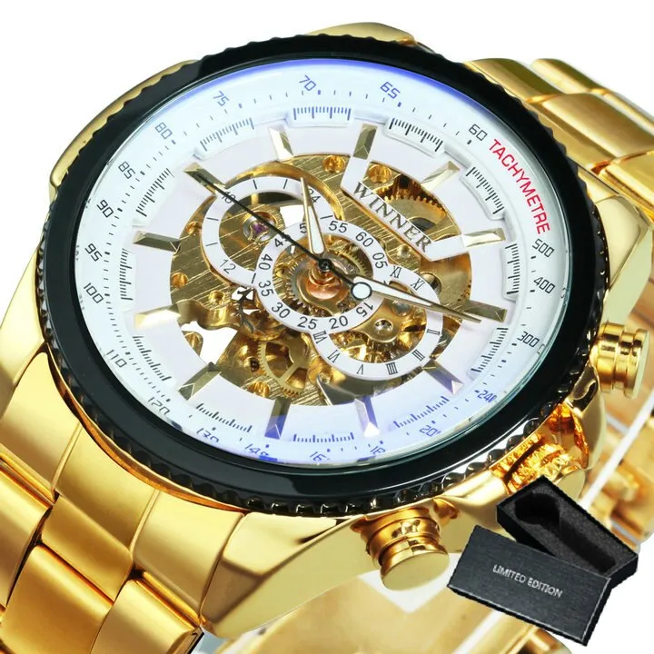 WINNER Brand Luxury Design Skeleton Watch Men Automatic Mechanical Watches Gold Steel Strap Classic Dress Military Wrist Watches