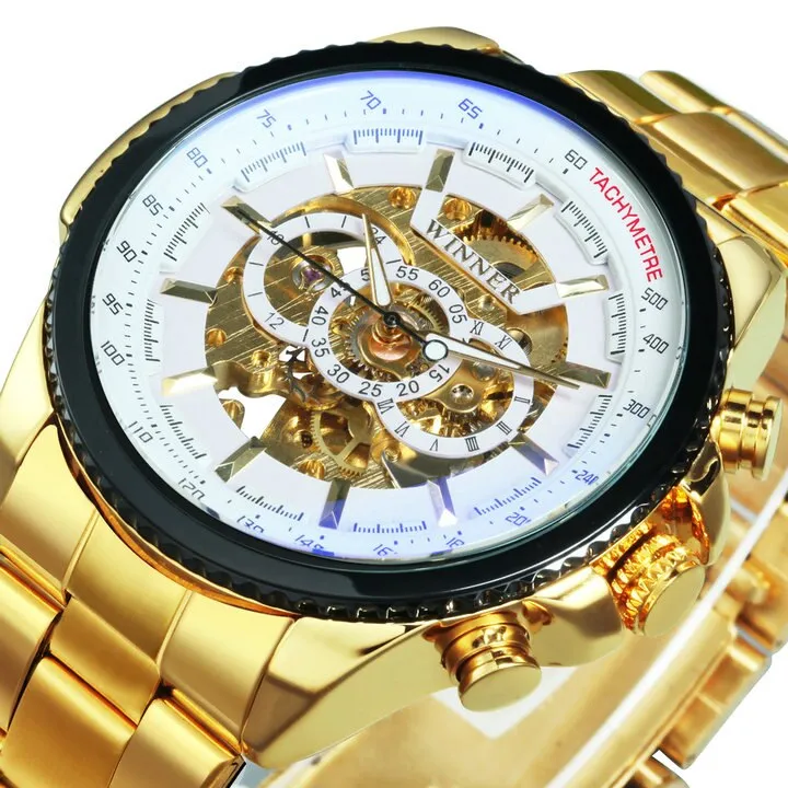 WINNER Brand Luxury Design Skeleton Watch Men Automatic Mechanical Watches Gold Steel Strap Classic Dress Military Wrist Watches