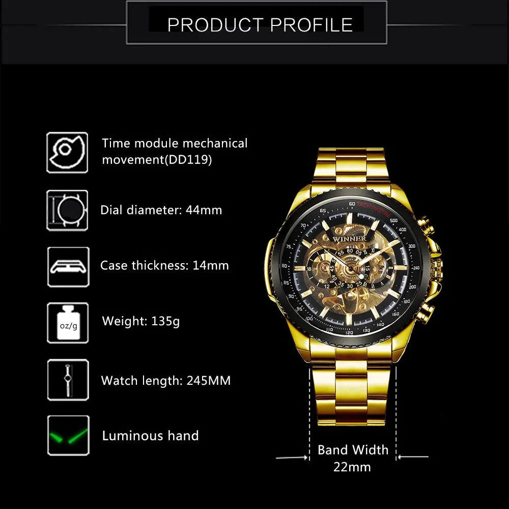 WINNER Brand Luxury Design Skeleton Watch Men Automatic Mechanical Watches Gold Steel Strap Classic Dress Military Wrist Watches