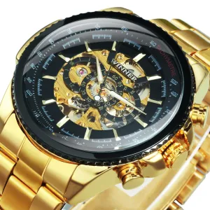 WINNER Brand Luxury Design Skeleton Watch Men Automatic Mechanical Watches Gold Steel Strap Classic Dress Military Wrist Watches