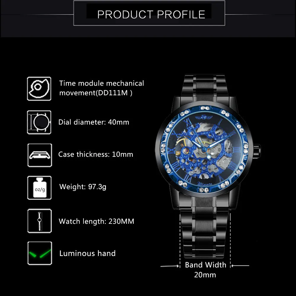 WINNER Top Brand Hand-wind Mechanical Classic Hollow Dial Stainless Steel Strap Watch