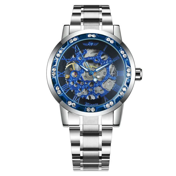 WINNER Top Brand Hand-wind Mechanical Classic Hollow Dial Stainless Steel Strap Watch