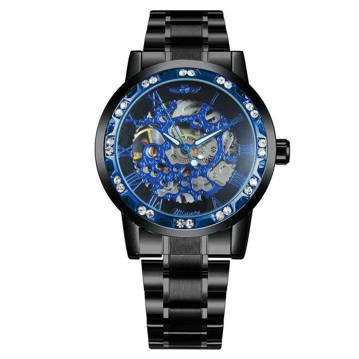 WINNER Top Brand Hand-wind Mechanical Classic Hollow Dial Stainless Steel Strap Watch