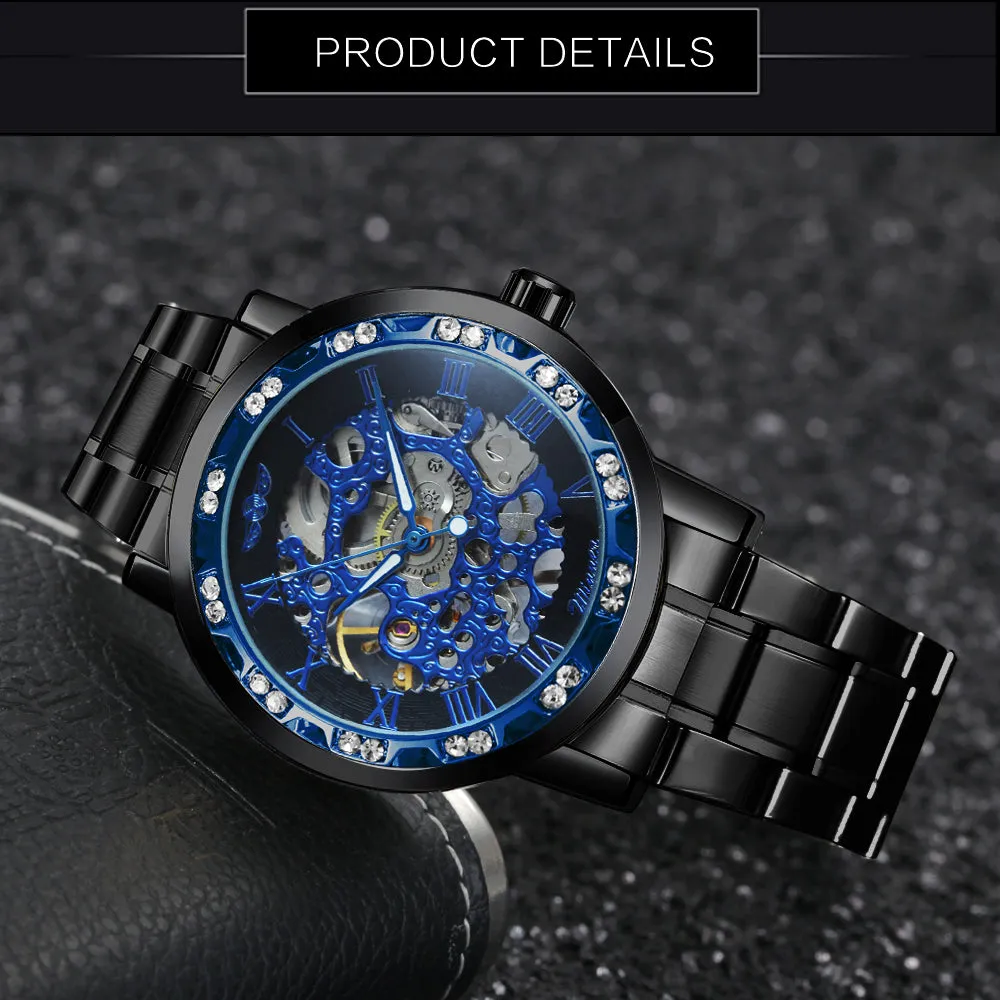 WINNER Top Brand Hand-wind Mechanical Classic Hollow Dial Stainless Steel Strap Watch