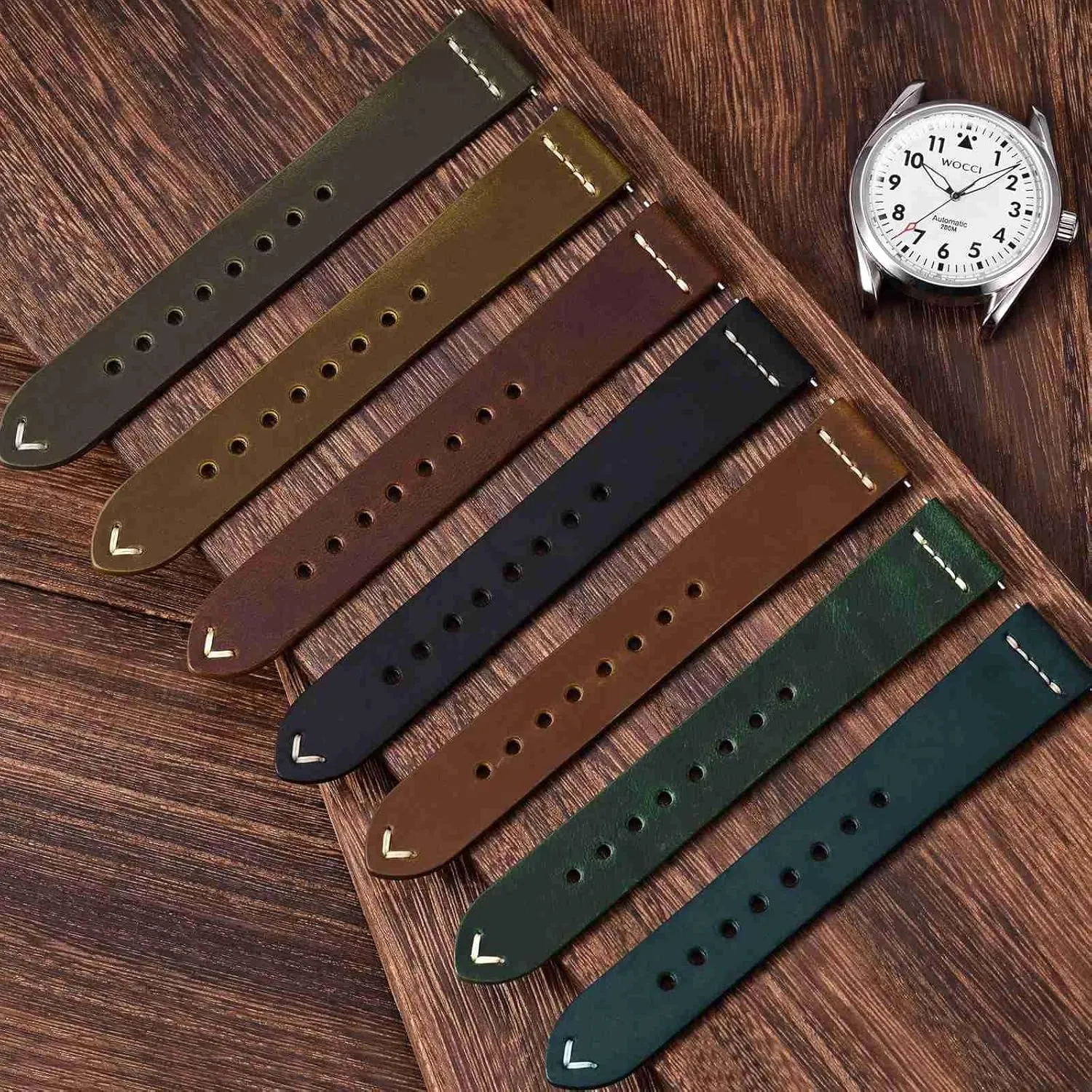 WOCCI 26mm Old-fashioned Watch Band for Men, Top Grain Leather, Silver Brushed Buckle (Caramel Brown)