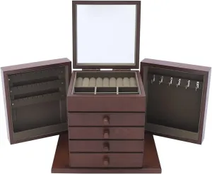 Wooden Jewelry Organizer Storage Box with 4 Drawers and Mirror Vintage 5 Layers Jewelry Display Cabinet Watches Necklace Ring Earring Case Holder with Carved Flowers for Women Girls